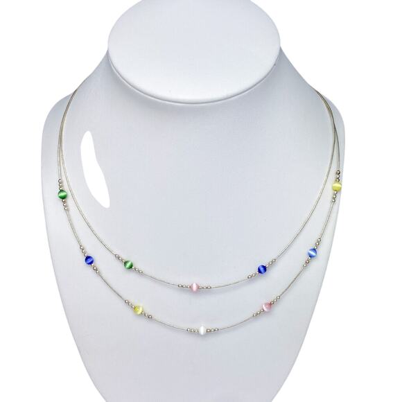 Multicolor Cat's Eye Station 2 Strand Necklace | Sterling Silver 925 | 15.5" - Picture 1 of 4